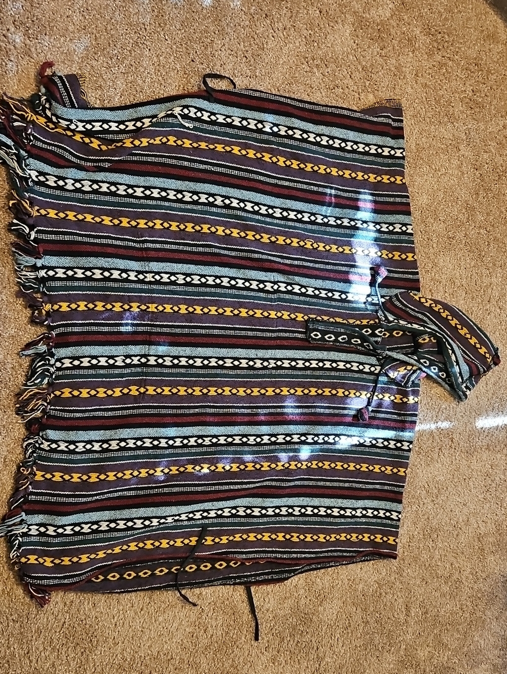 Striped Fringe Poncho Top in Multi-Color Hooded Hand Woven
